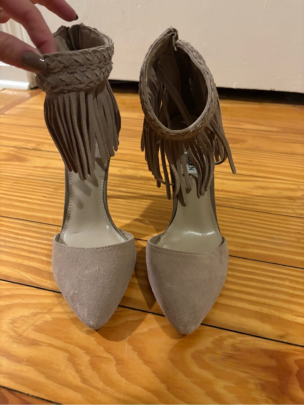 Steve Madden Taupe Fringe Ankle-Strap Pointed Toe Heels